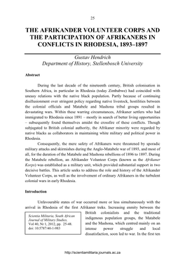 Afrikander Volunteer Corps and the Participation of Afrikaners in Conflicts in Rhodesia, 1893–1897