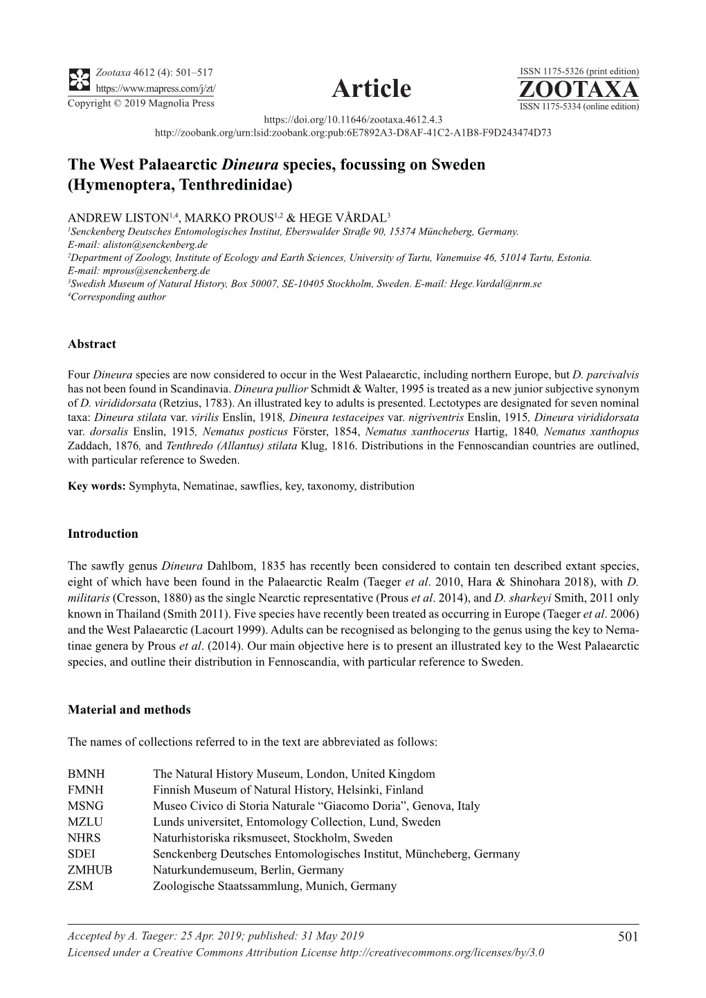 The West Palaearctic Dineura Species, Focussing on Sweden (Hymenoptera, Tenthredinidae)