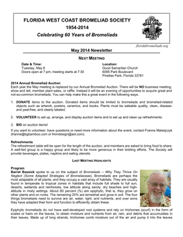 FLORIDA WEST COAST BROMELIAD SOCIETY 1954-2014 Celebrating 60 Years of Bromeliads