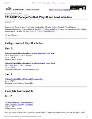 ESPN.Com – 2016-2017 College Football Playoff and Bowl Schedule