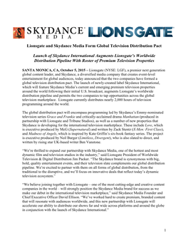 Lionsgate and Skydance Media Form Global Television Distribution Pact