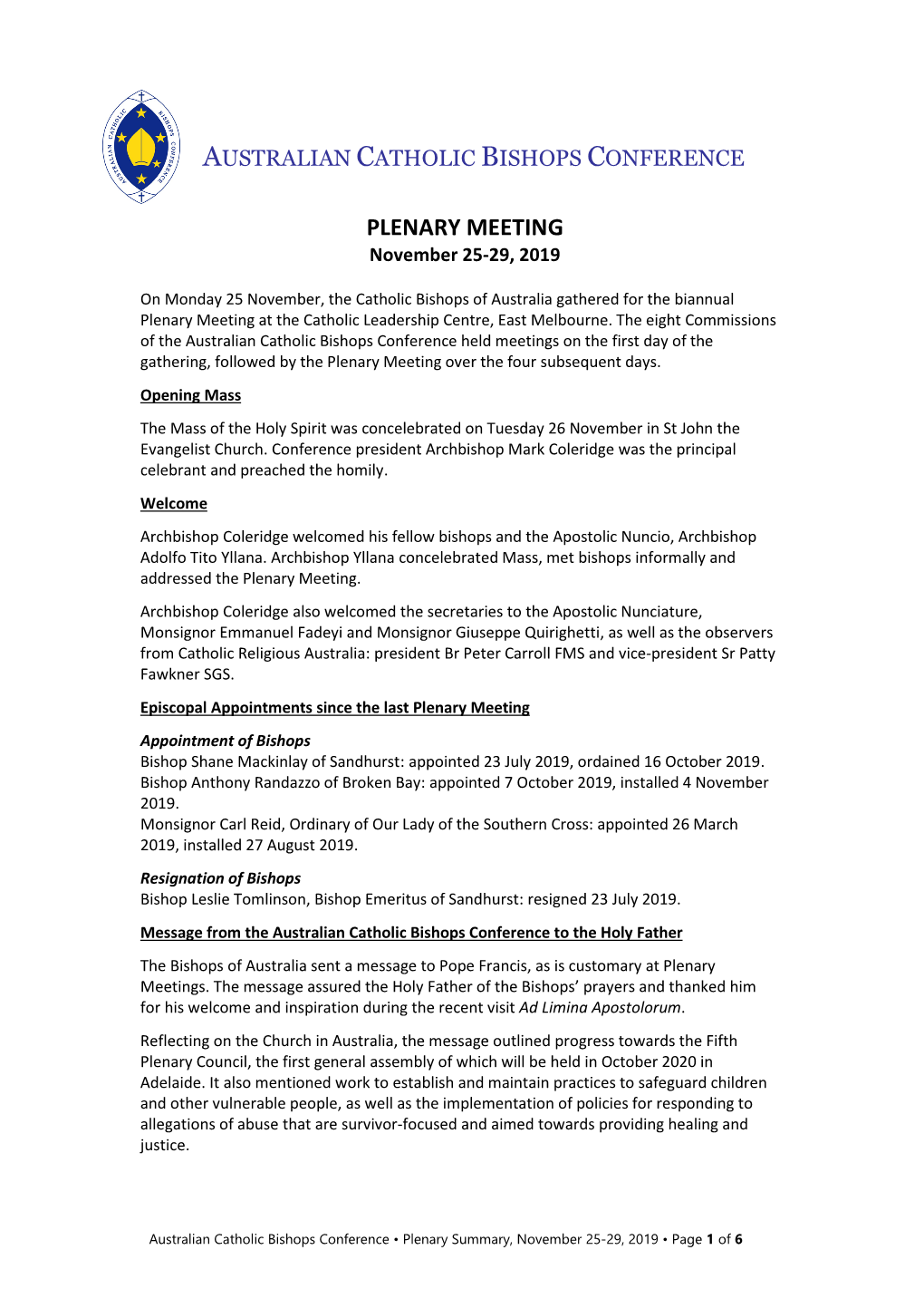 PLENARY MEETING November 25-29, 2019