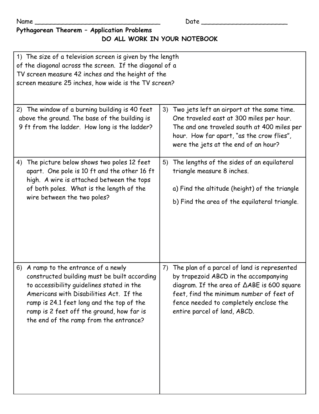 Pythagorean Theorem Application Problems