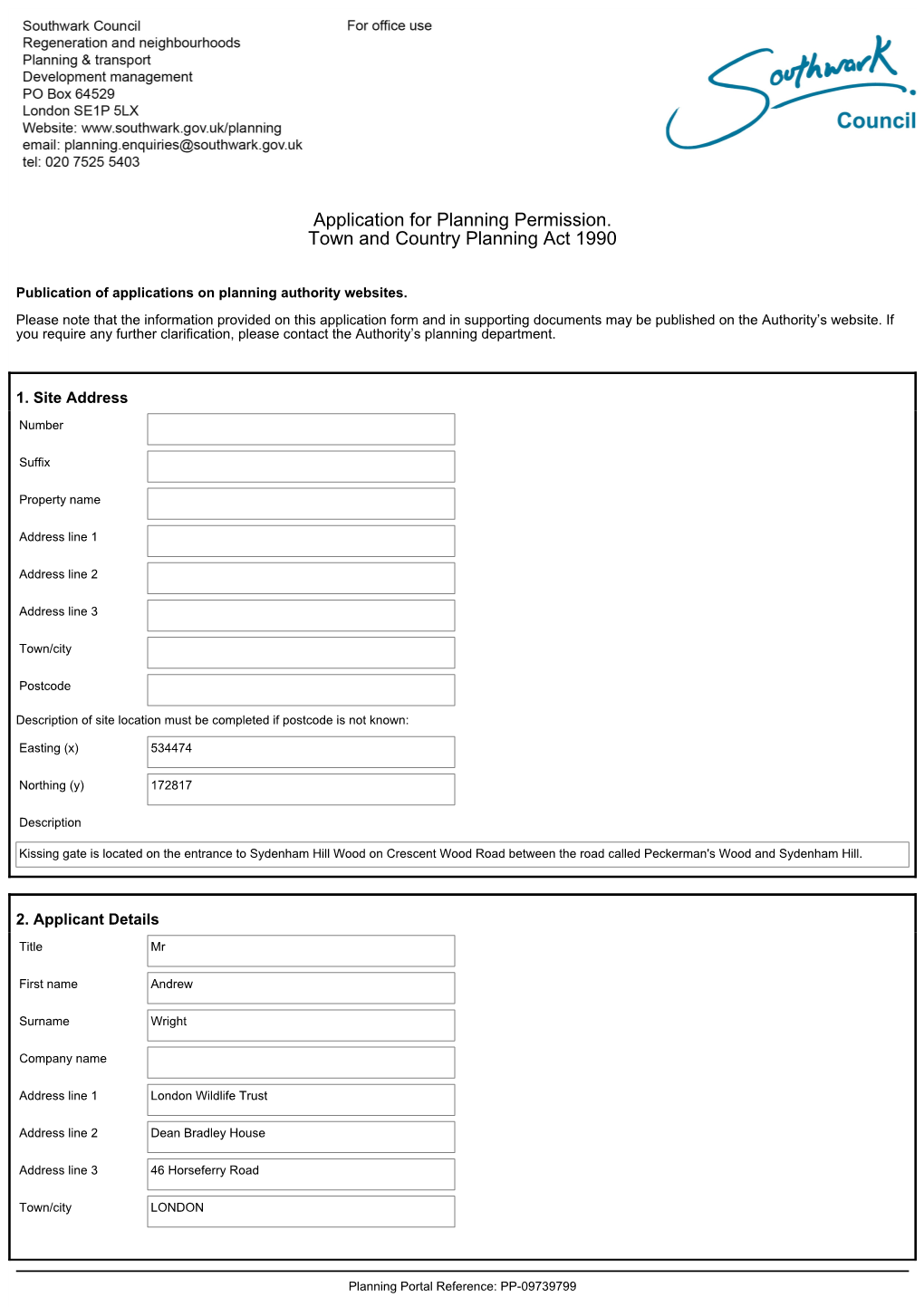 Application for Planning Permission. Town and Country Planning Act 1990