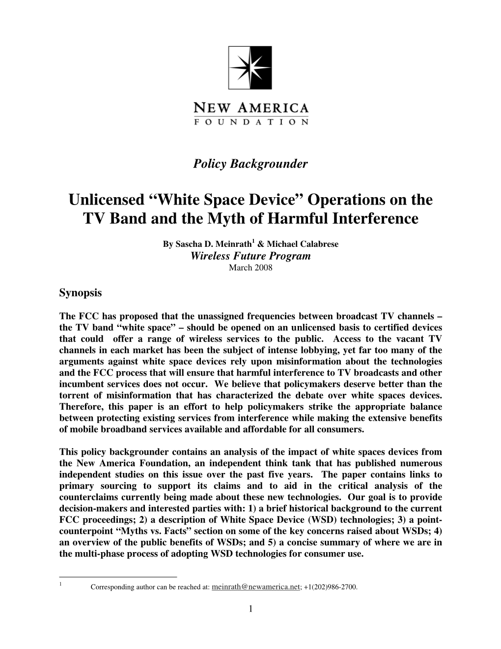 Unlicensed “White Space Device” Operations on the TV Band and the Myth of Harmful Interference