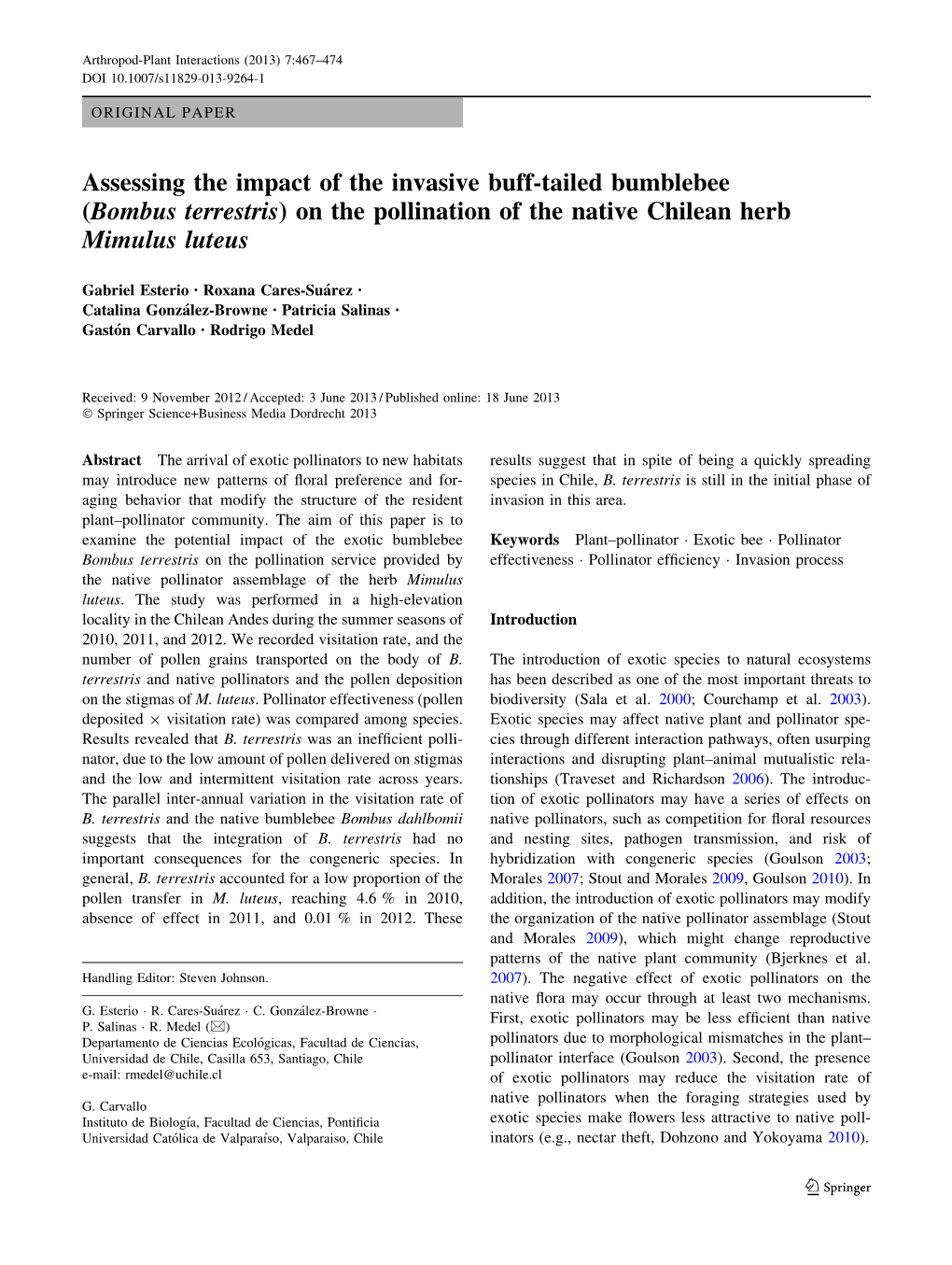 Bombus Terrestris) on the Pollination of the Native Chilean Herb Mimulus Luteus