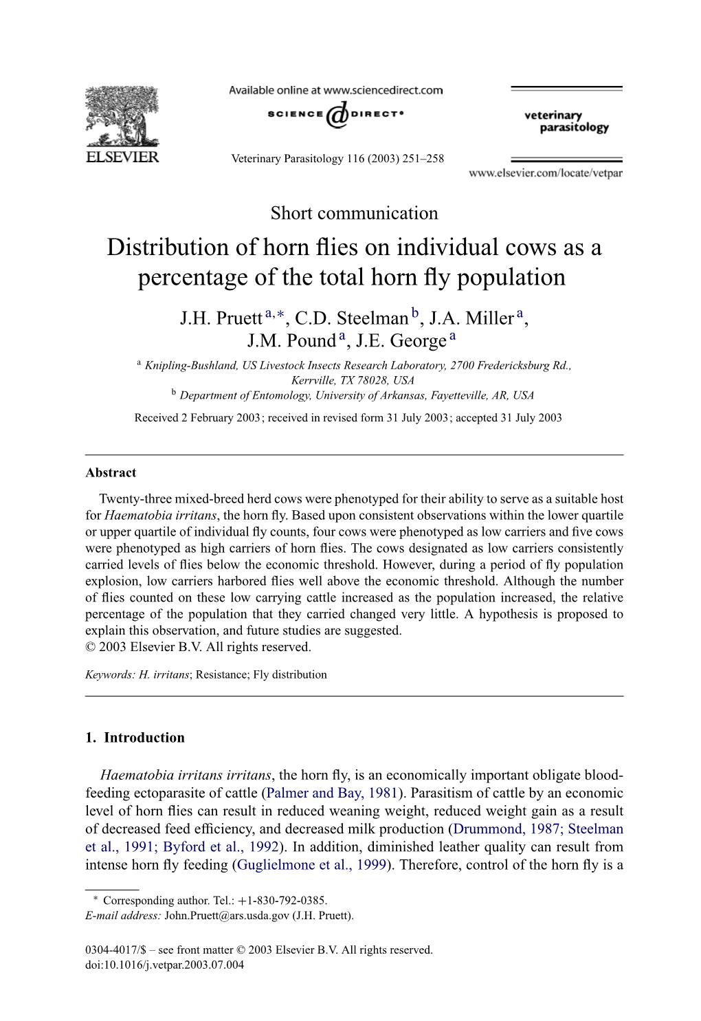 Distribution of Horn Flies on Individual Cows As a Percentage of the Total