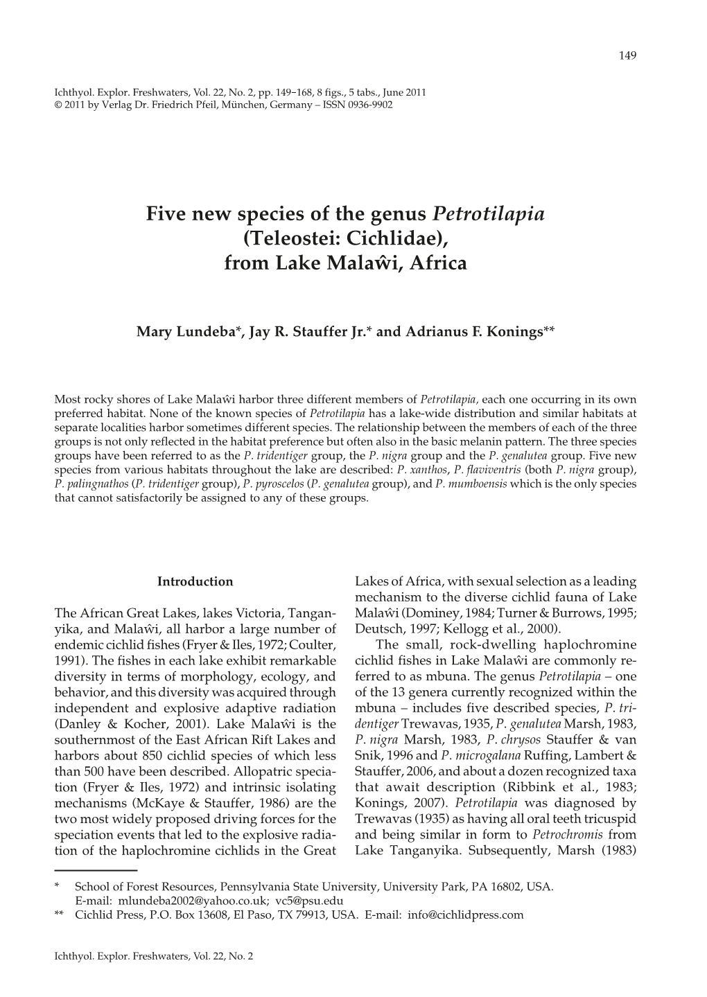 Five New Species of the Genus Petrotilapia (Teleostei: Cichlidae), from Lake Malawi, Africa