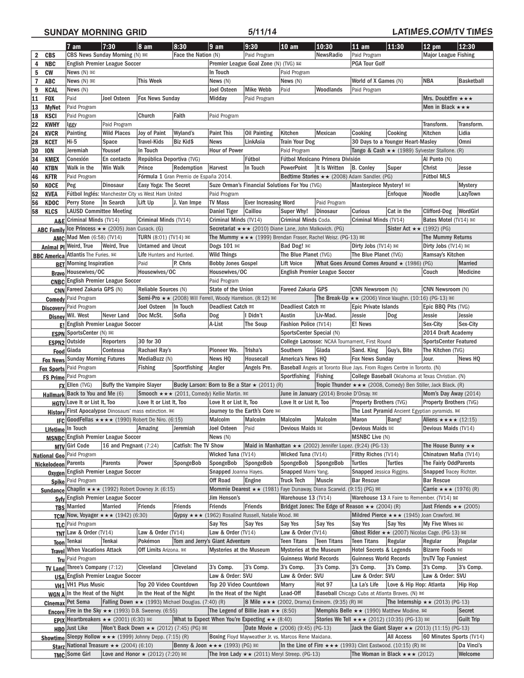 Sunday Morning Grid 5/11/14 Latimes.Com/Tv Times