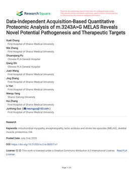 Data-Independent Acquisition-Based Quantitative Proteomic Analysis of M.3243A&gt;G MELAS Reveals Novel Potential Pathogenesis An