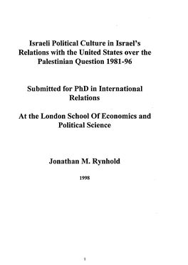 Israeli Political Culture in Israel's Relations with the United States