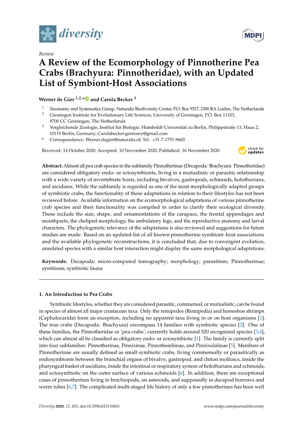 Brachyura: Pinnotheridae), with an Updated List of Symbiont-Host Associations