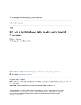 Self-Help in the Collection of Debts As a Defense to Criminal Prosecution