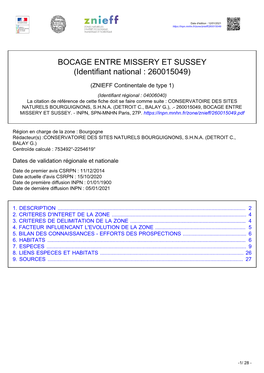BOCAGE ENTRE MISSERY ET SUSSEY (Identifiant National : 260015049)