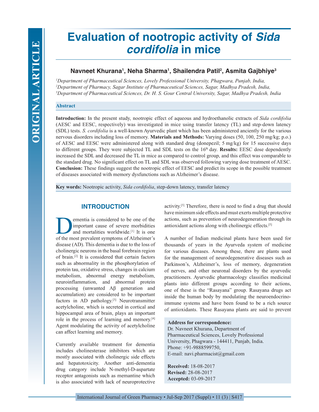 Evaluation of Nootropic Activity of Sida Cordifolia in Mice