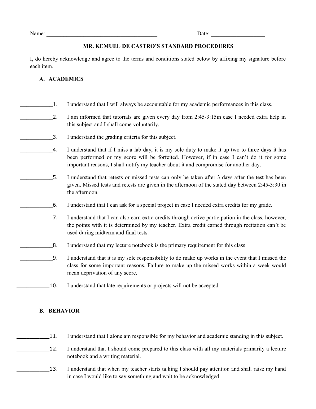 Mr. Kemuel De Castro S Standard Procedures