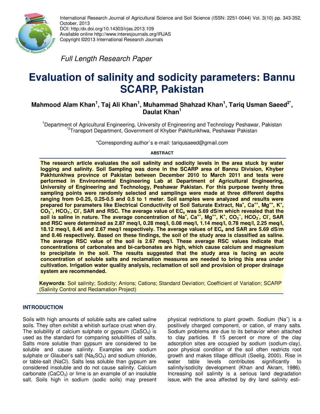 Evaluation of Salinity and Sodicity Parameters: Bannu SCARP, Pakistan
