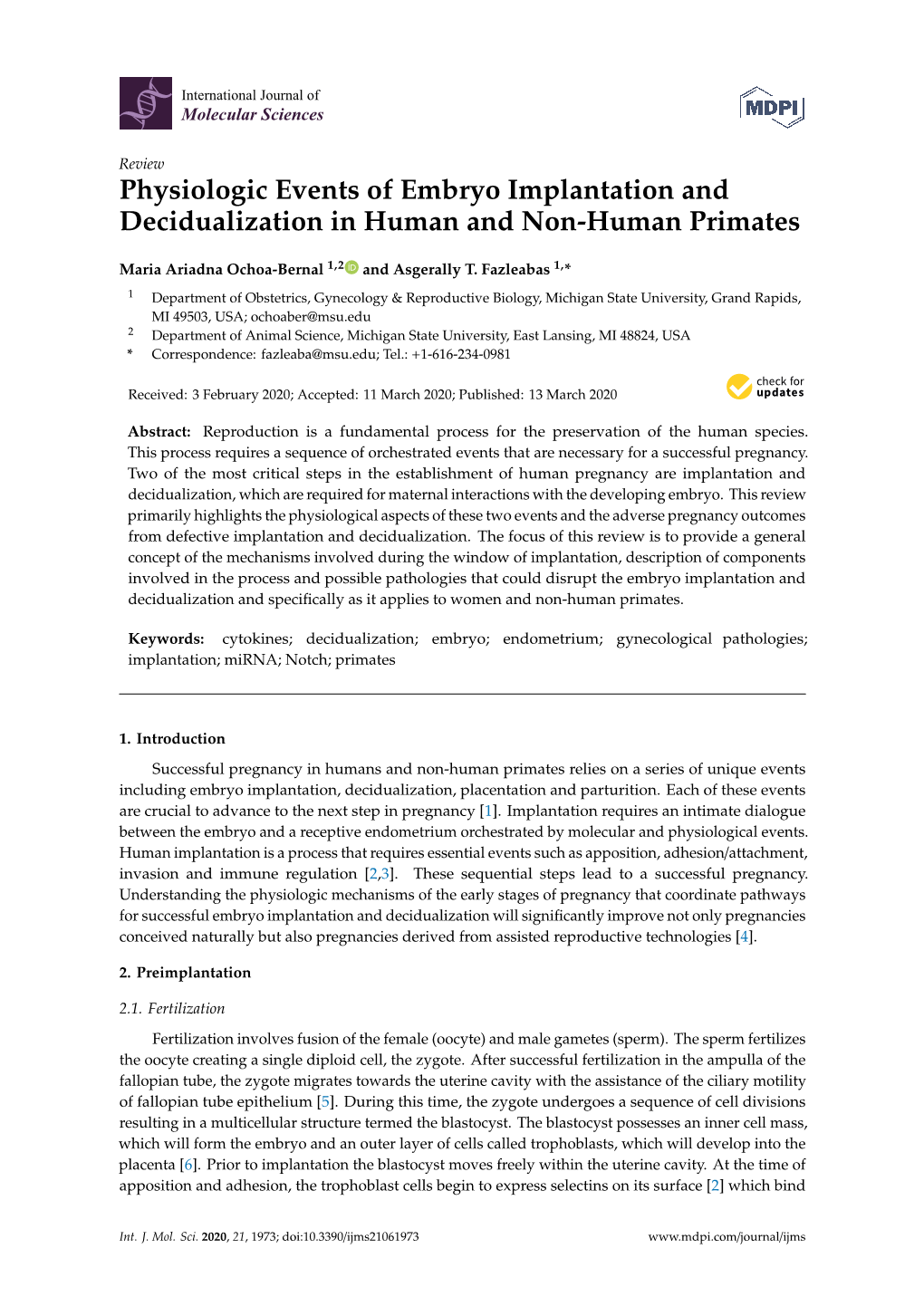 Physiologic Events of Embryo Implantation and Decidualization in Human and Non-Human Primates