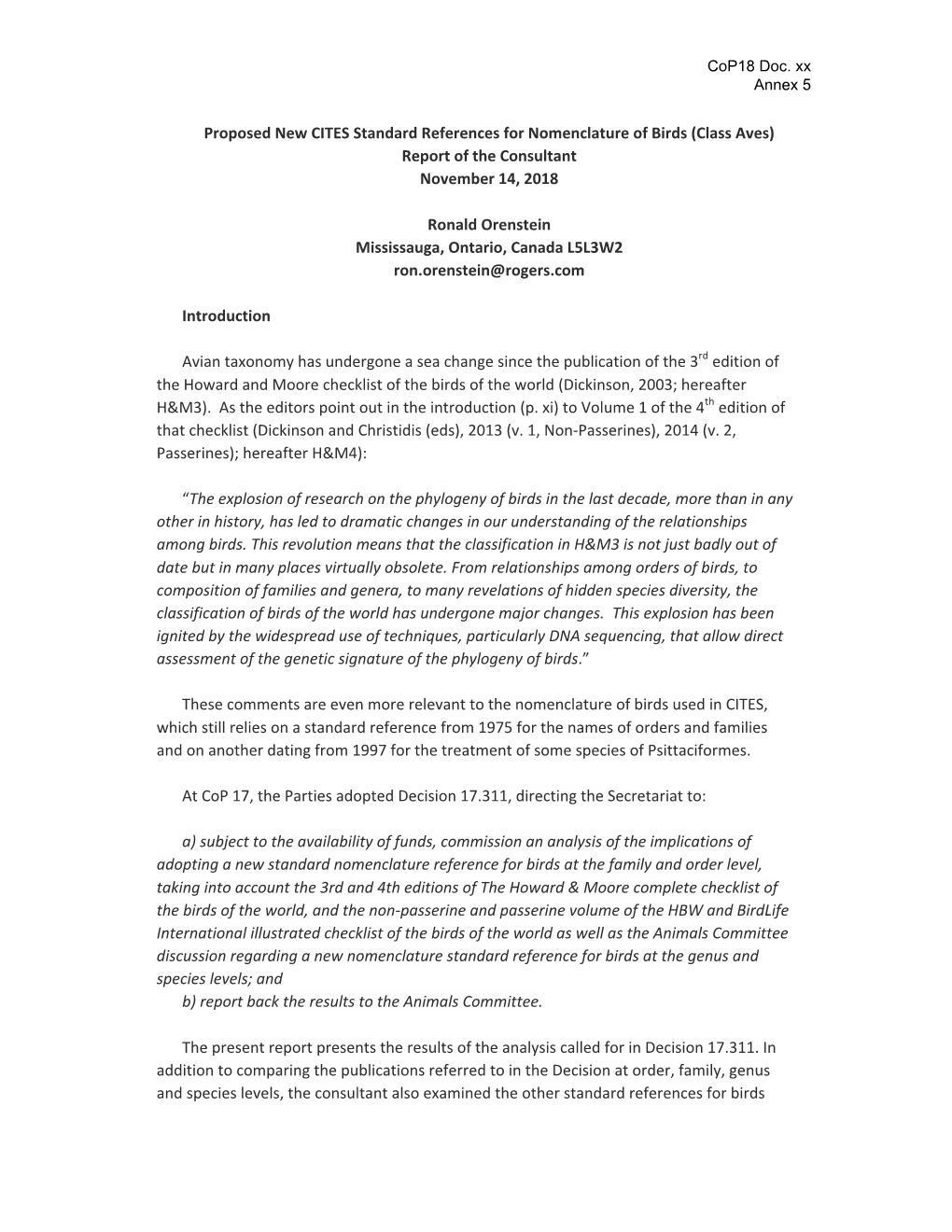 Proposed New CITES Standard References for Nomenclature of Birds (Class Aves) Report of the Consultant November 14, 2018