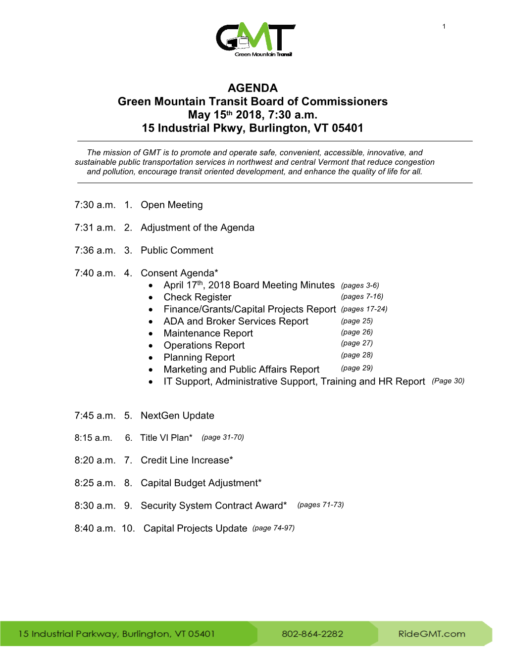 AGENDA Green Mountain Transit Board of Commissioners May 15Th 2018, 7:30 A.M