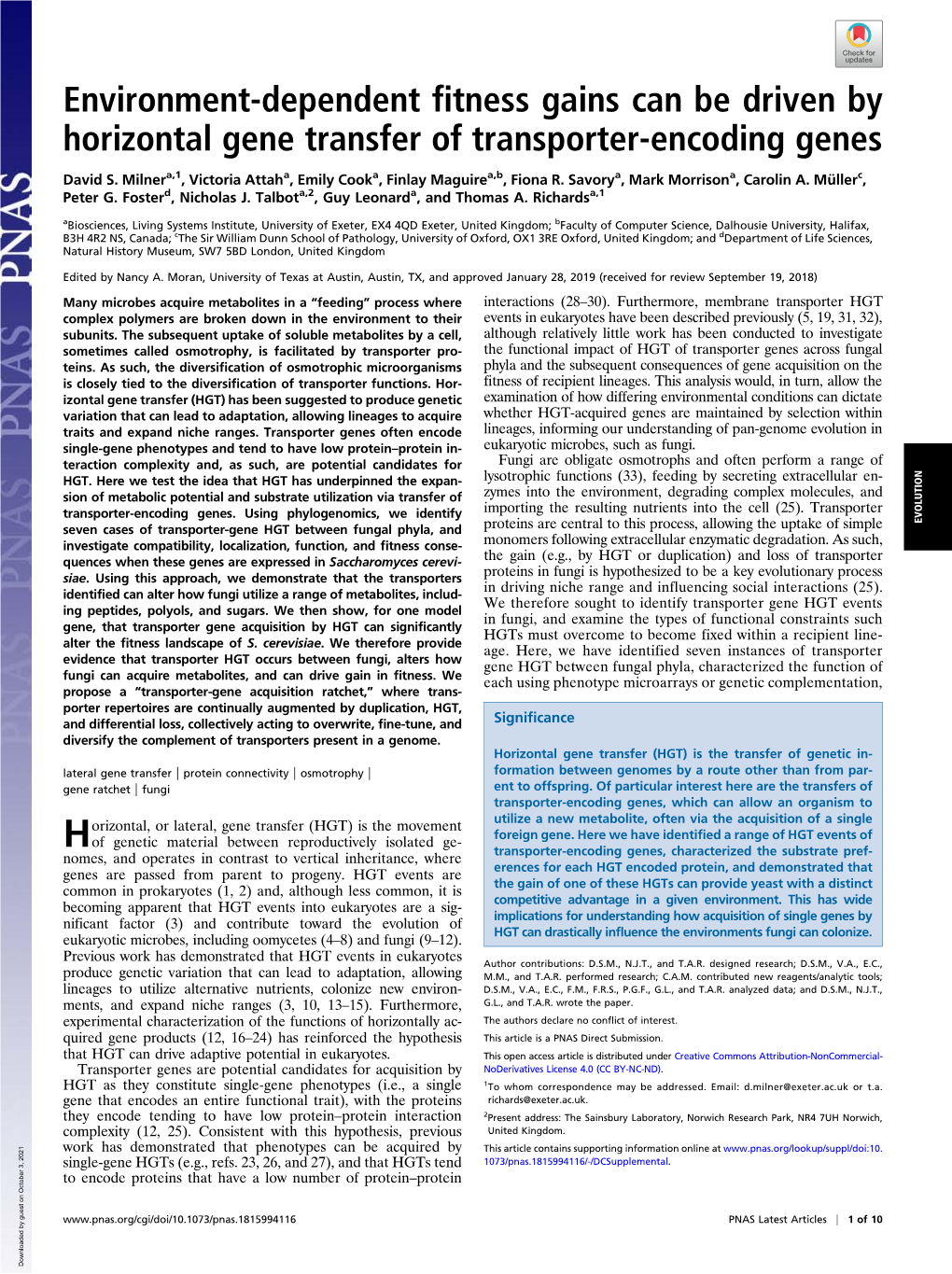 Environment-Dependent Fitness Gains Can Be Driven by Horizontal Gene Transfer of Transporter-Encoding Genes