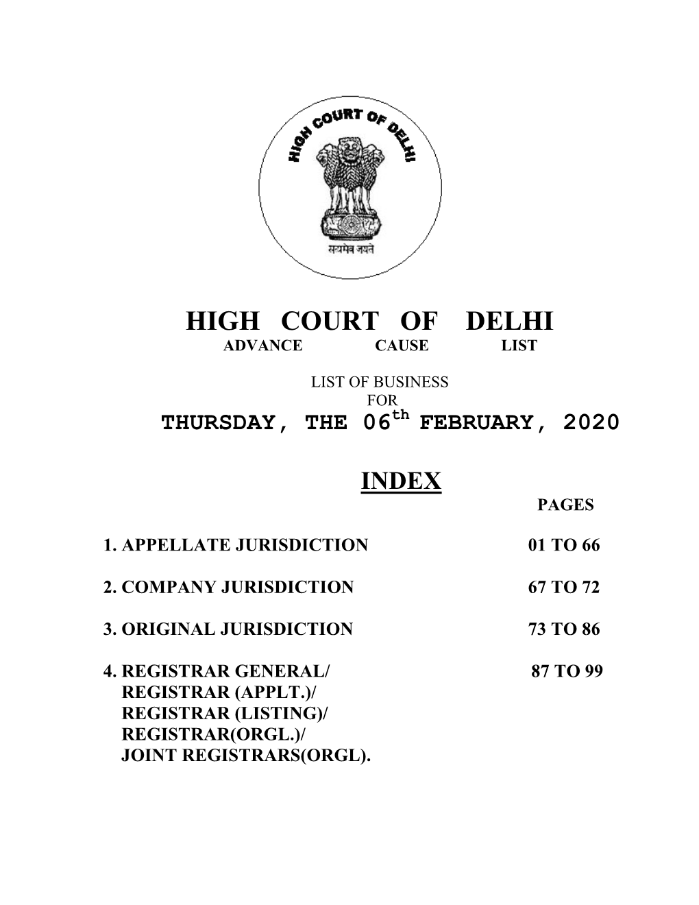 High Court of Delhi Advance Cause List