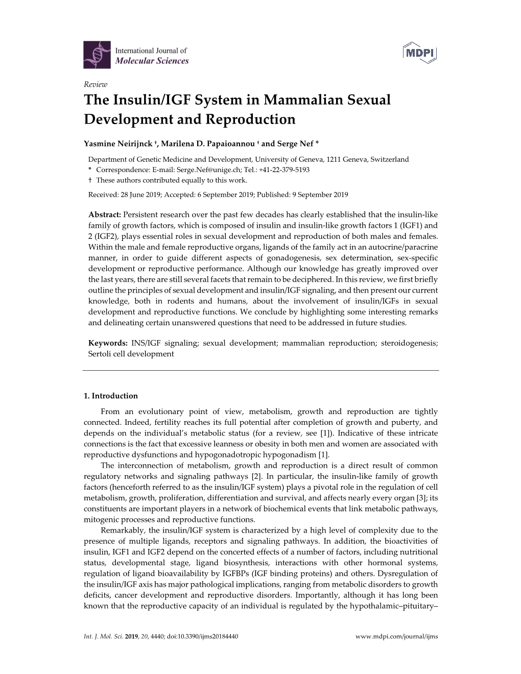 The Insulin/IGF System in Mammalian Sexual Development and Reproduction