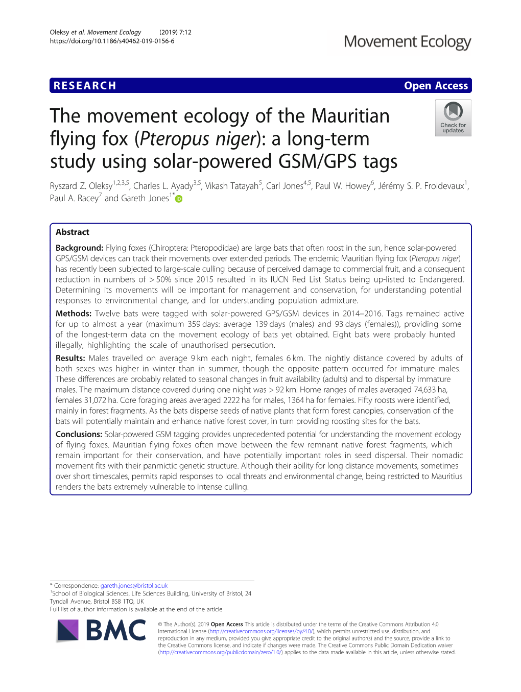 The Movement Ecology of the Mauritian Flying Fox (Pteropus Niger): a Long-Term Study Using Solar-Powered GSM/GPS Tags Ryszard Z