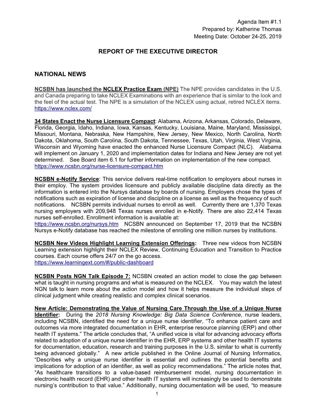 Report of the Executive Director National News