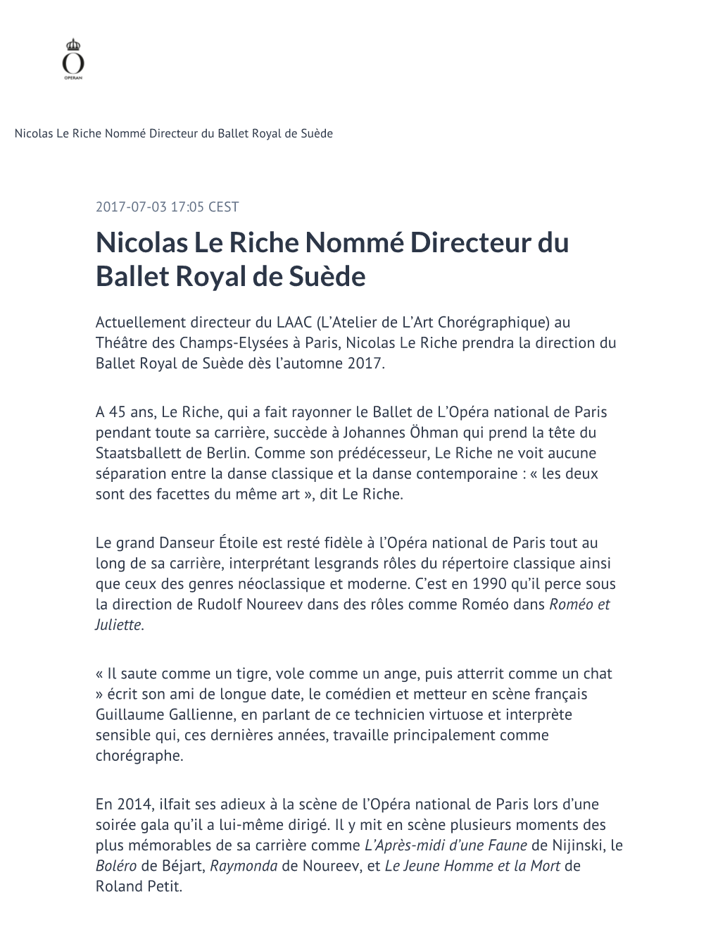 Nicolas Le Riche Nommé Directeur Du Ballet Royal De Suède