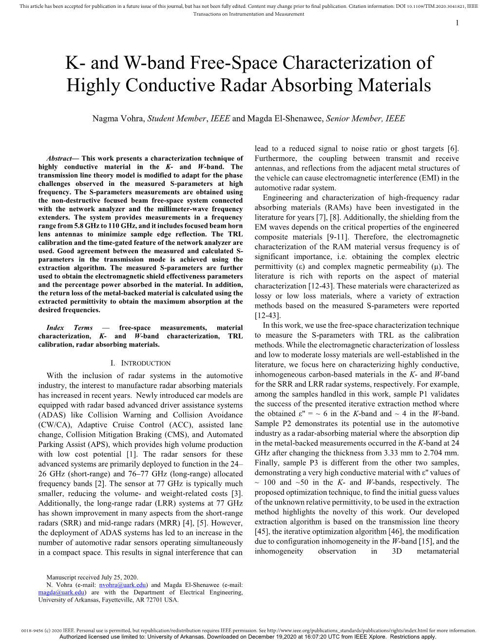 K- and W-Band Free-Space Characterization of Highly Conductive Radar Absorbing Materials