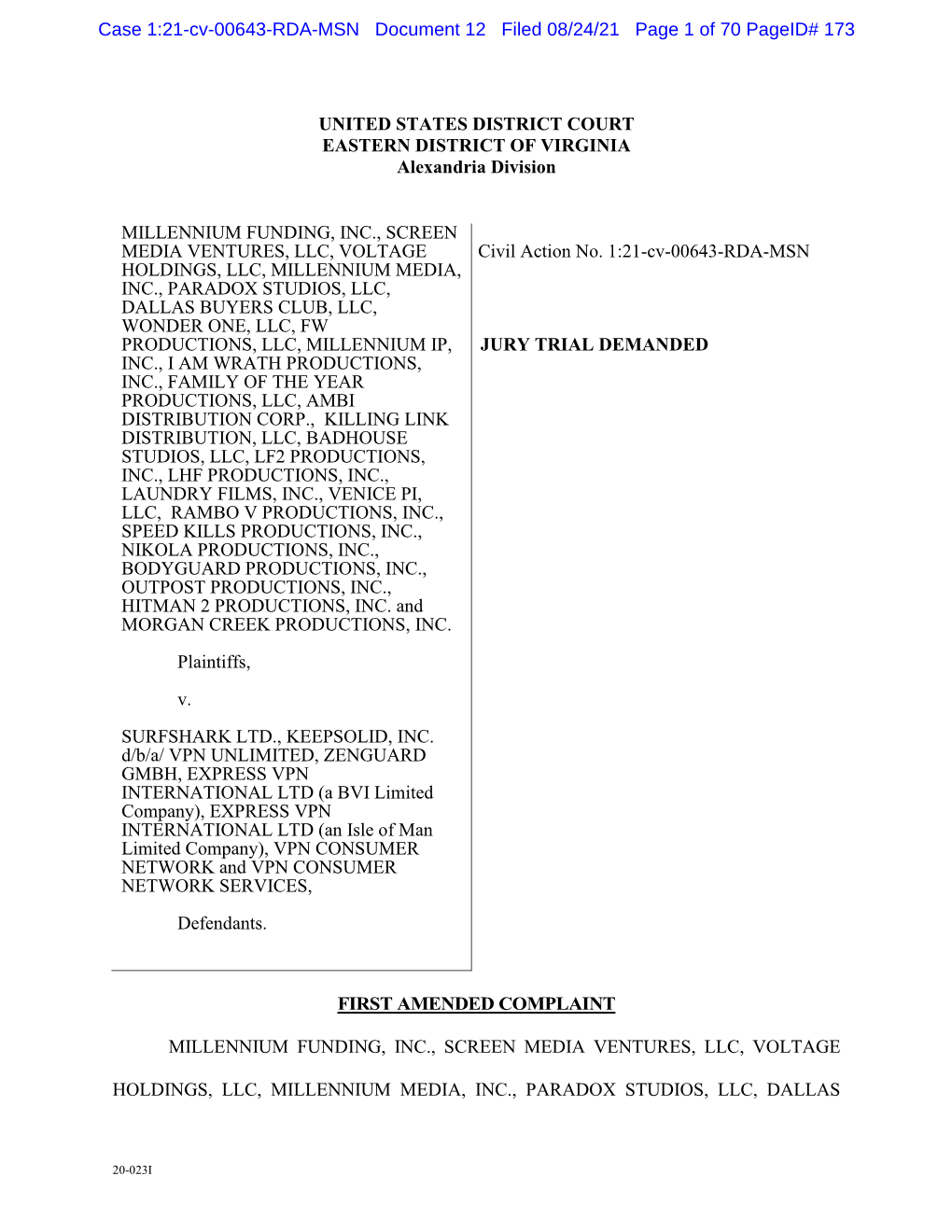 Case 1:21-Cv-00643-RDA-MSN Document 12 Filed 08/24/21 Page 1 of 70 Pageid# 173