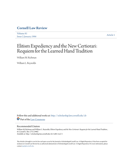 Elitism Expediency and the New Certiorari: Requiem for the Learned Hand Tradition William M