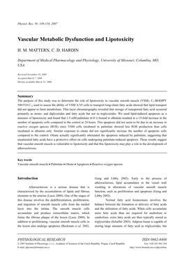 Vascular Metabolic Dysfunction and Lipotoxicity