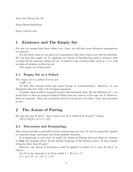 1 Existence and the Empty Set 2 the Axiom of Pairing