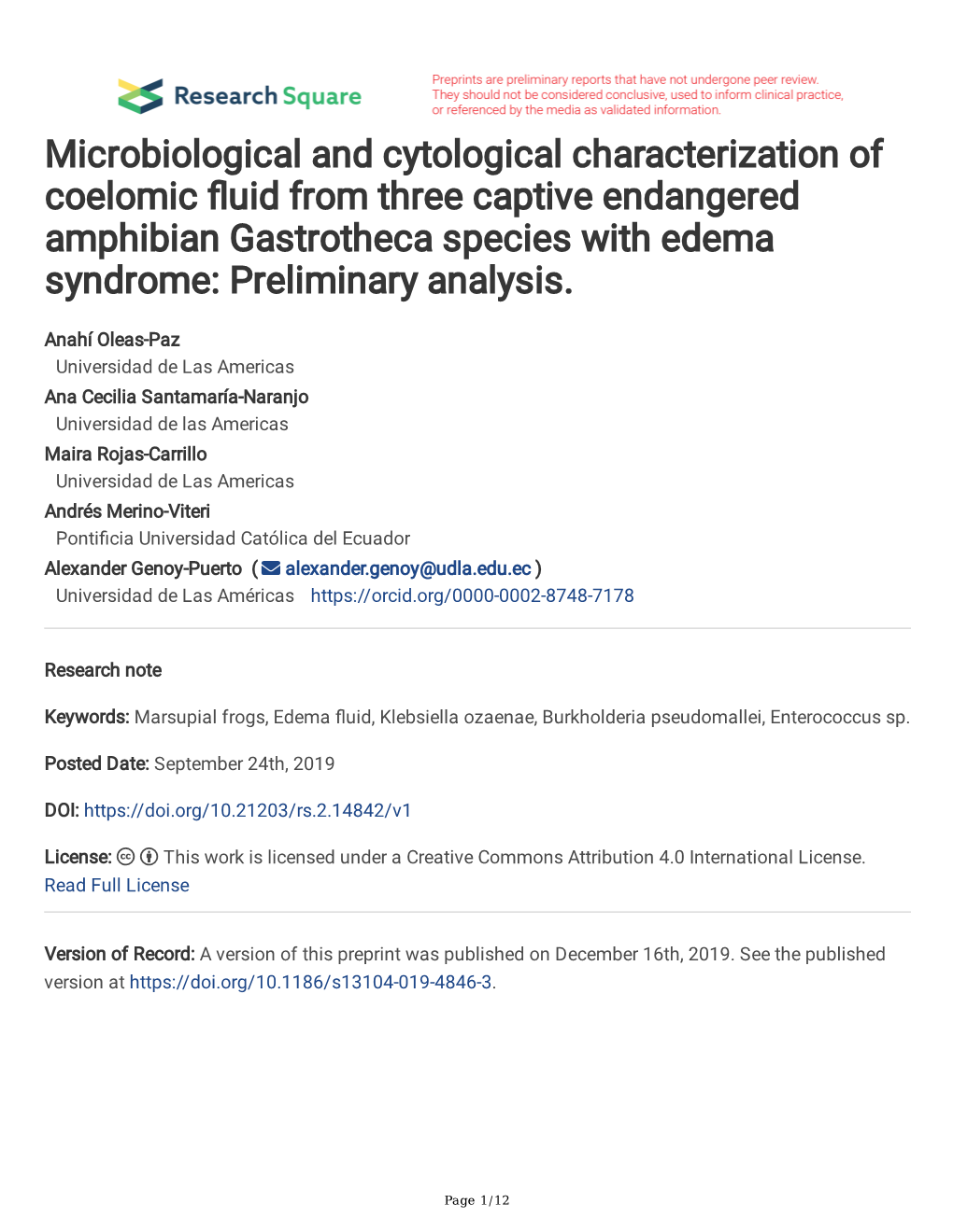 Microbiological and Cytological Characterization of Coelomic Fluid