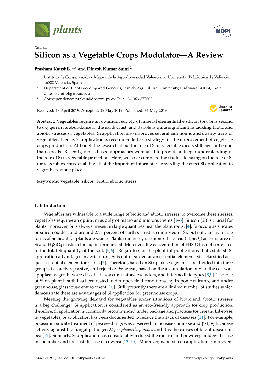 Silicon As a Vegetable Crops Modulator—A Review