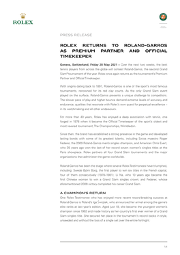 Rolex Returns to Roland-Garros As Premium Partner and Official Timekeeper