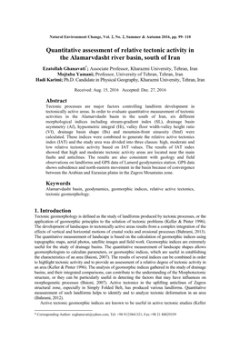 Quantitative Assessment of Relative Tectonic Activity in the Alamarvdasht River Basin, South of Iran