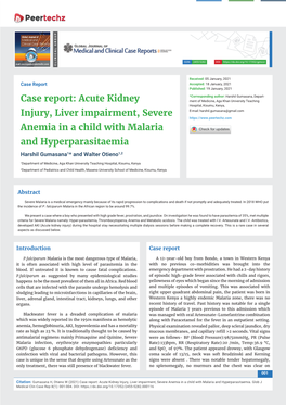 Acute Kidney Injury, Liver Impairment, Severe Anemia in a Child with Malaria and Hyperparasitaemia