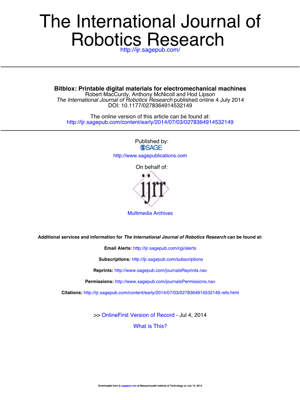 Robotics Research the International Journal Of