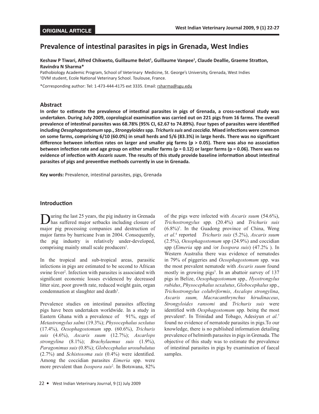 Prevalence of Intestinal Parasites in Pigs in Grenada, West Indies