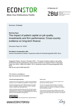 The Impact of Patient Capital on Job Quality, Investments and Firm Performance: Cross-Country Evidence on Long-Term Finance