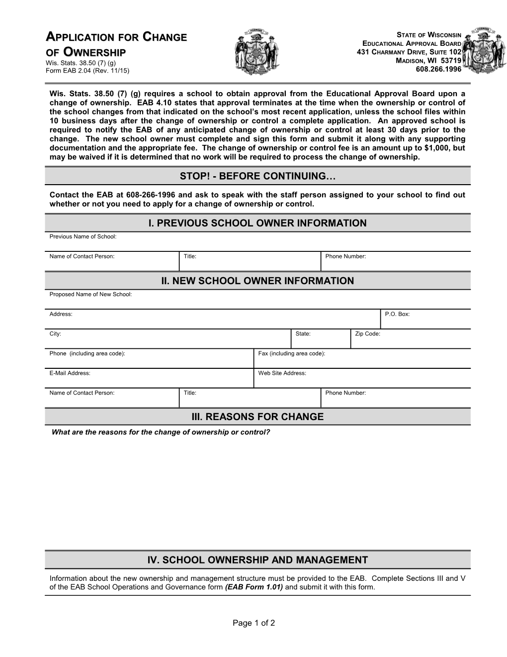 Application for Change of Ownership