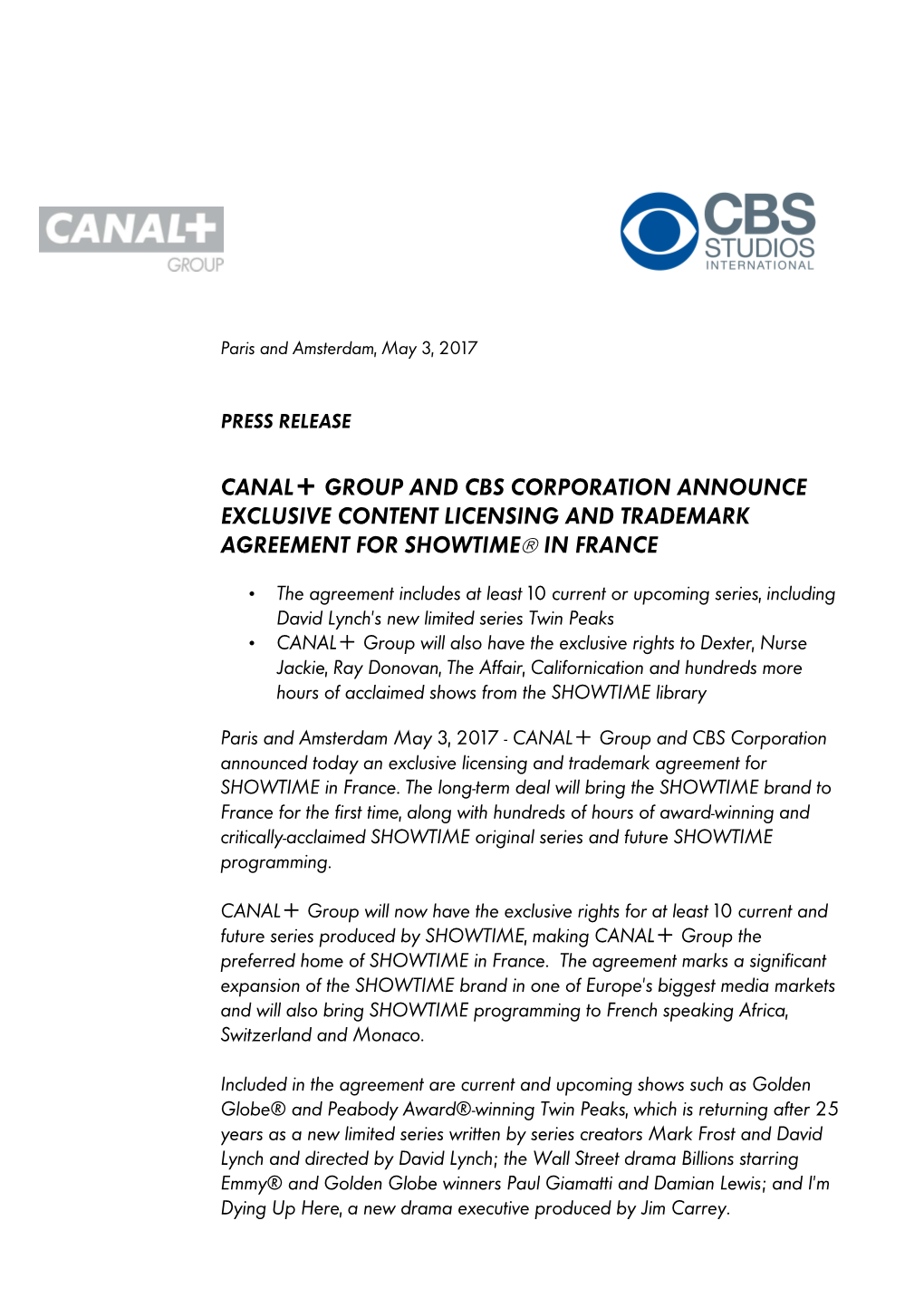 050317 Press Release CANAL+ Group Showtime