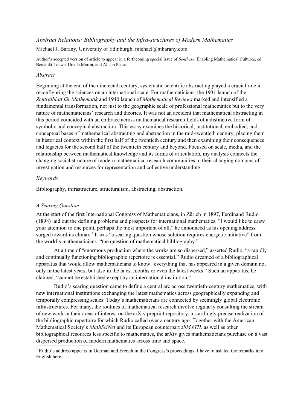 Bibliography and the Infra-Structures of Modern Mathematics Michael J