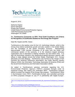 Techamerica Comments on EPA “Final Draft Conditions and Criteria for Recognition of Certification Bodies for the Energy Star Program”