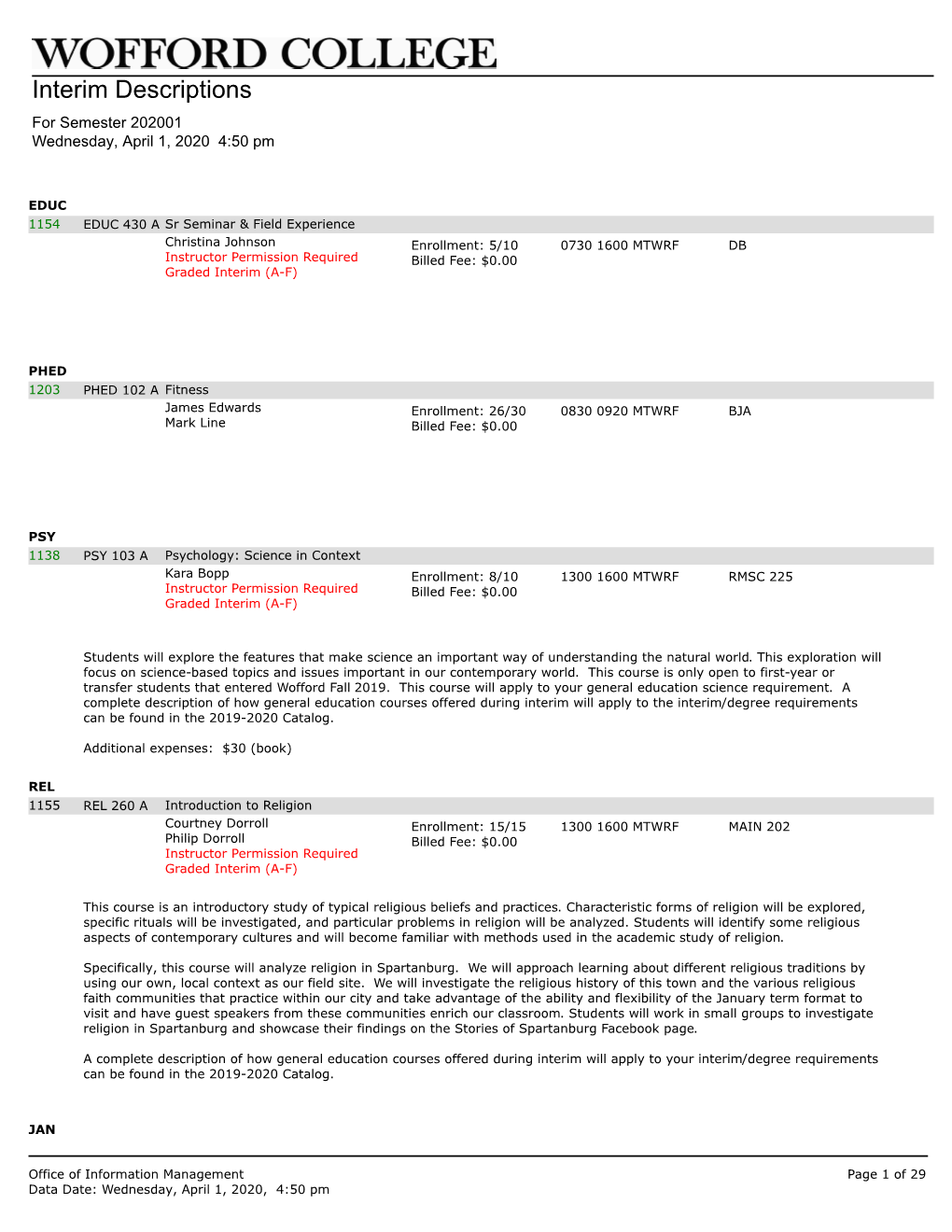 Interim Descriptions for Semester 202001 Wednesday, April 1, 2020 4:50 Pm