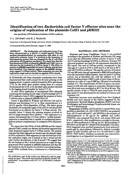 Origins of Replication of the Plasmids Cole1 and Pbr322 (Site Specificity/ATP Hydrolysis/Initiation of DNA Synthesis) S