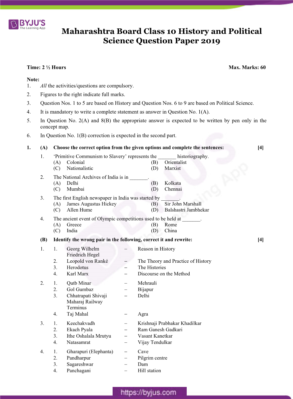 Maharashtra Board Class 10 History and Political Science Question Paper 2019